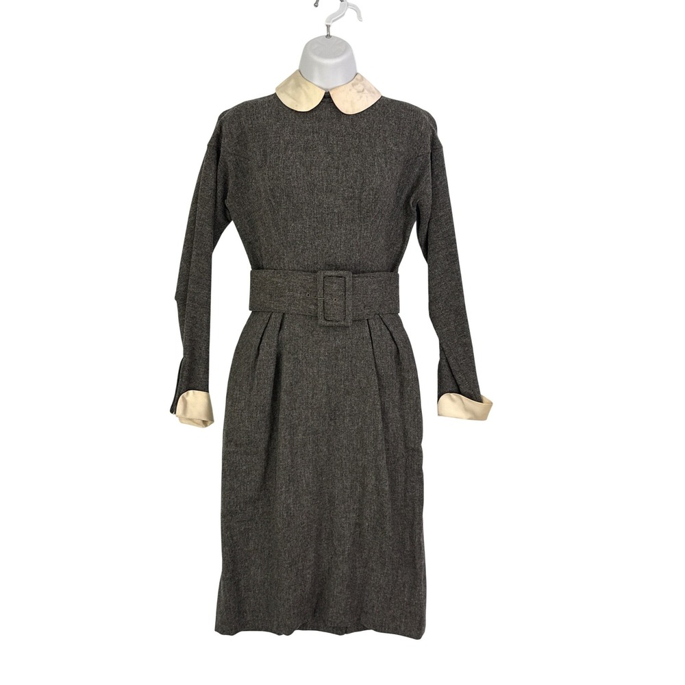 Vintage Mr Mort Grey Sheath Dress Peter Pan Collar Belt 50s 60s 36 bust 24 Waist